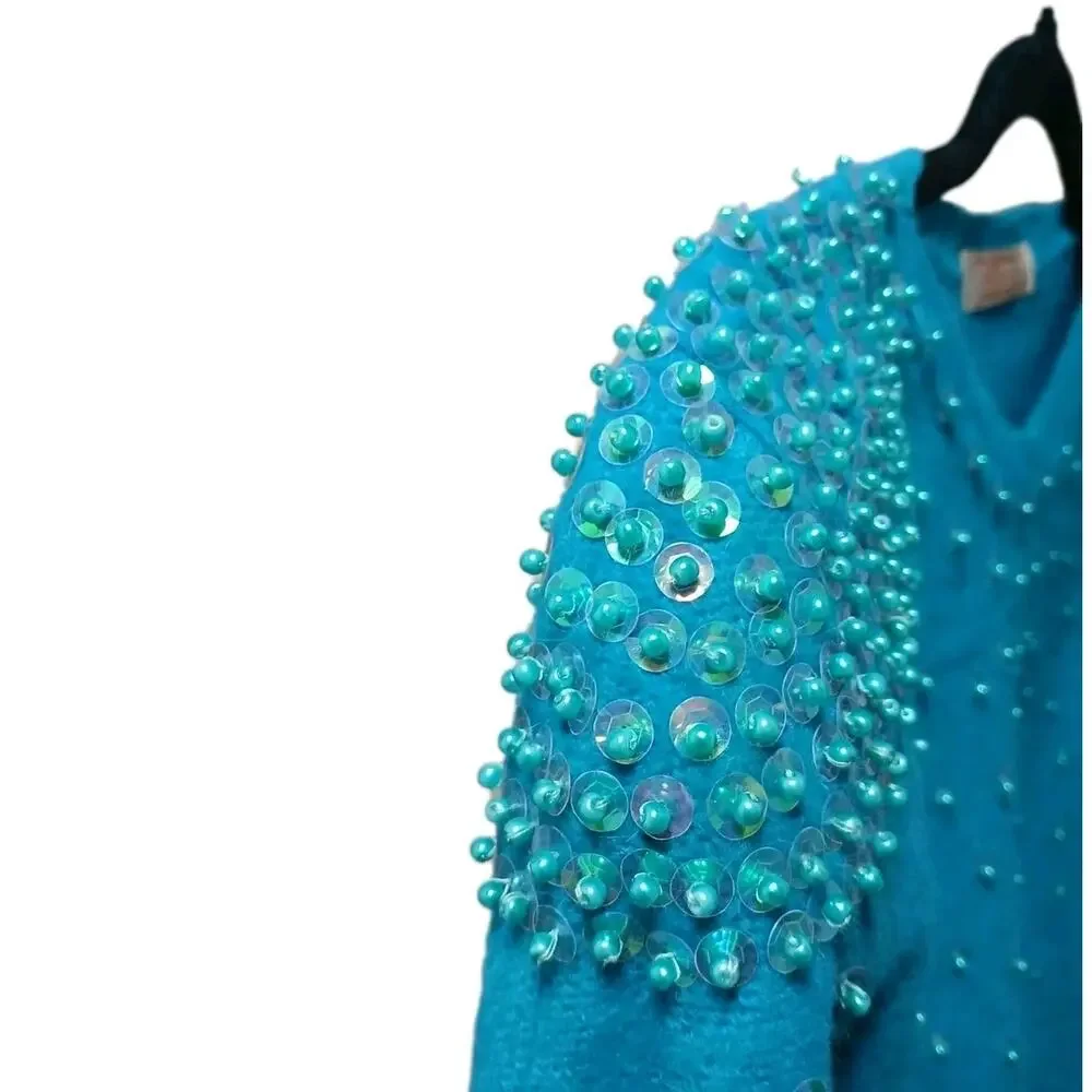 1980s Beaded Sequin CASHMERE Sweater Sz Small‎ Aqua Green Round Neck Barbiecore
